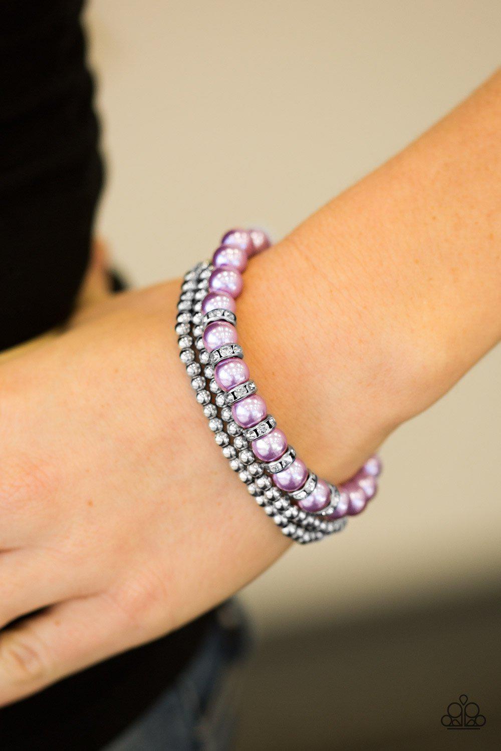 Perfect POSH-ture Silver and Purple Pearl Bracelet Set - Paparazzi Accessories-CarasShop.com - $5 Jewelry by Cara Jewels