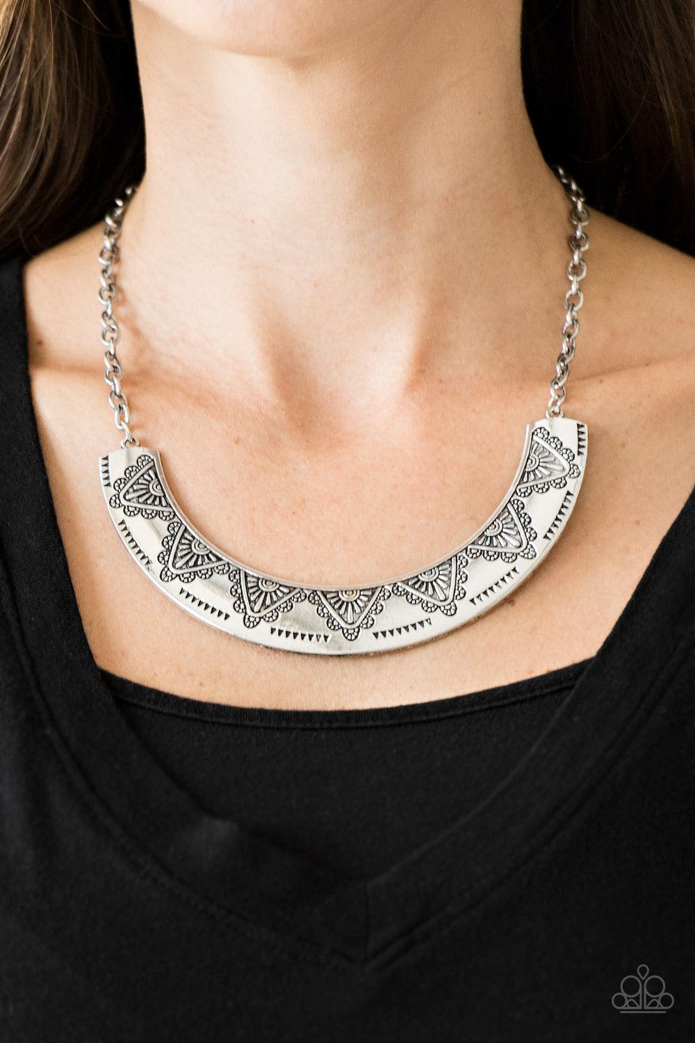 Persian Pharaoh Silver Necklace - Paparazzi Accessories-on model - CarasShop.com - $5 Jewelry by Cara Jewels