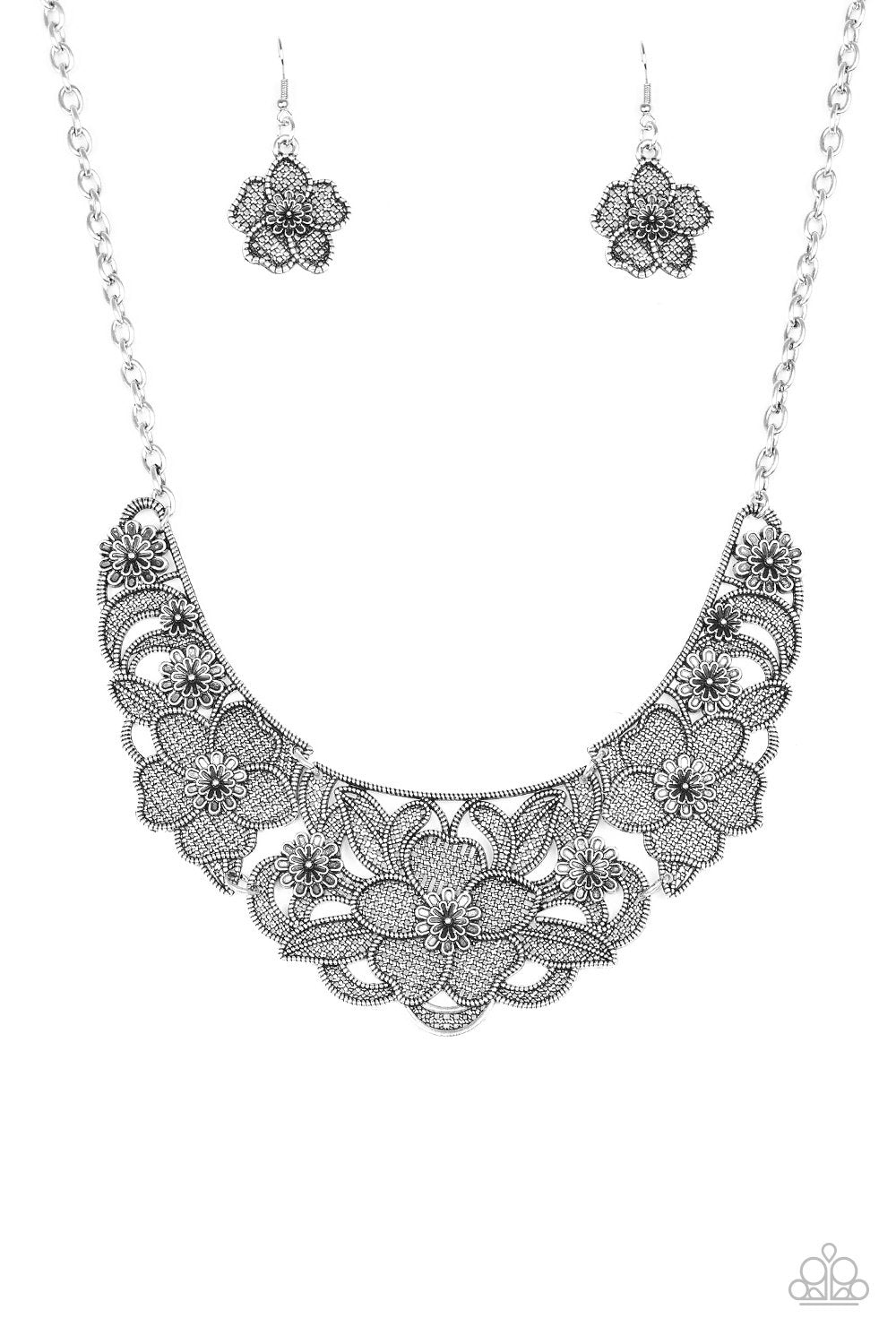 Petunia Paradise Silver Statement Necklace - Paparazzi Accessories-CarasShop.com - $5 Jewelry by Cara Jewels