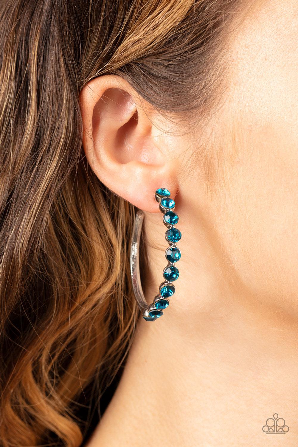 Photo Finish Blue Rhinestone Hoop Earrings - Paparazzi Accessories-on model - CarasShop.com - $5 Jewelry by Cara Jewels