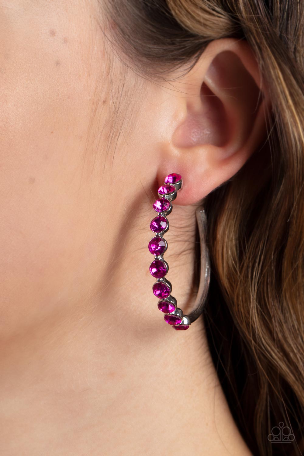 Photo Finish Pink Rhinestone Hoop Earrings - Paparazzi Accessories- on model - CarasShop.com - $5 Jewelry by Cara Jewels