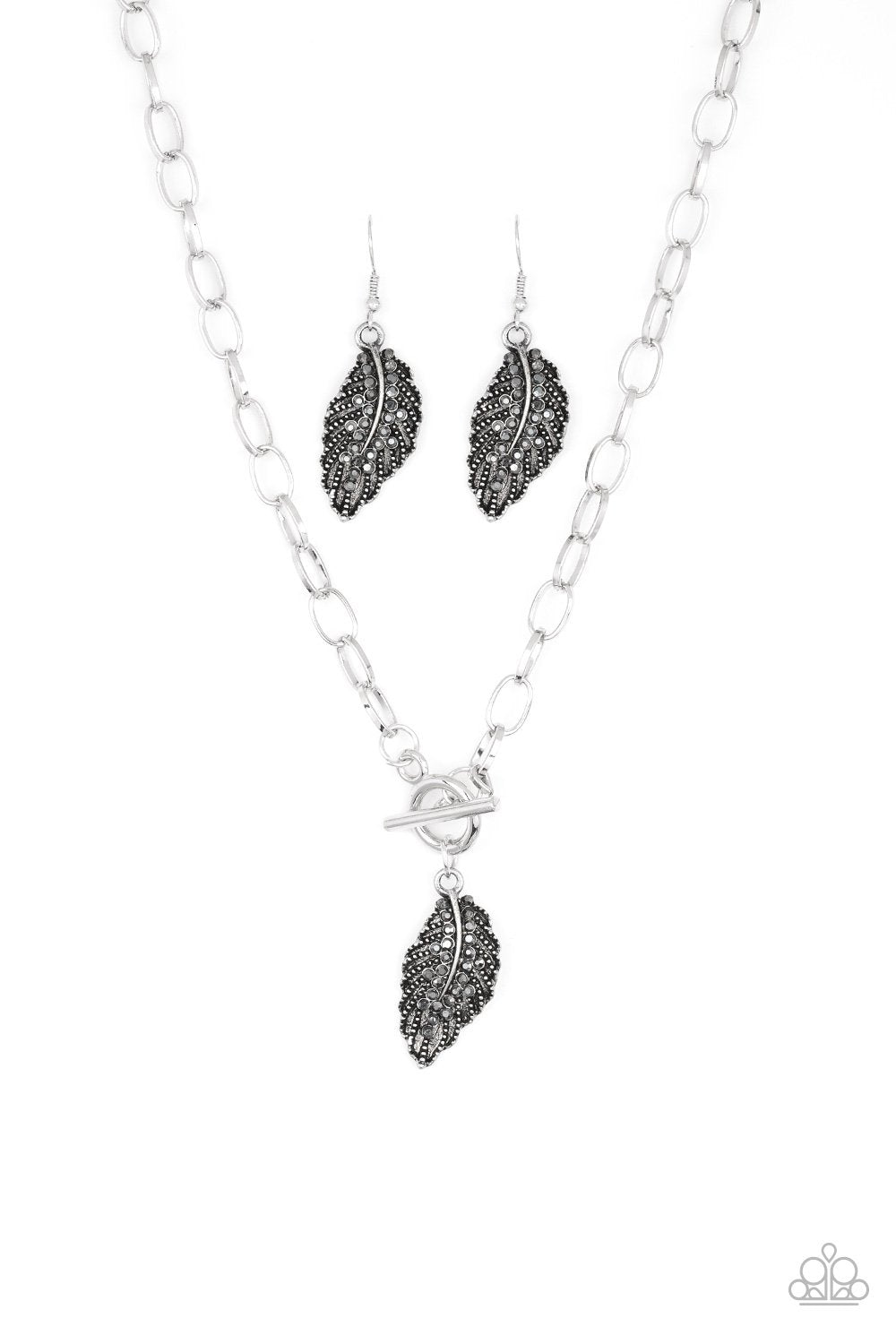 Pilot Quest Silver Feather Necklace and matching Earrings - Paparazzi Accessories-CarasShop.com - $5 Jewelry by Cara Jewels