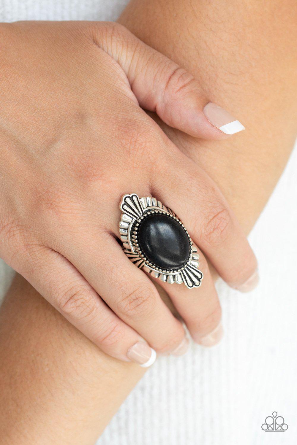 Pioneer Party Black Stone Ring - Paparazzi Accessories- model - CarasShop.com - $5 Jewelry by Cara Jewels