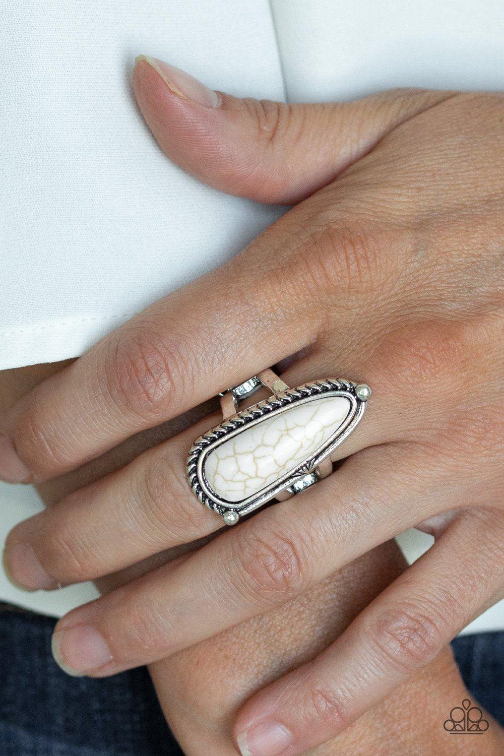 Pioneer Plains White Stone and Silver Ring - Paparazzi Accessories- lightbox - CarasShop.com - $5 Jewelry by Cara Jewels