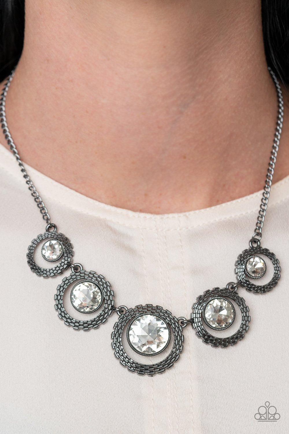 PIXEL Perfect Gunmetal Black and White Rhinestone Necklace - Paparazzi Accessories-CarasShop.com - $5 Jewelry by Cara Jewels