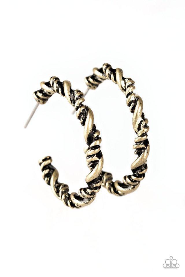 Plainly Panama Brass Hoop Earrings - Paparazzi Accessories-CarasShop.com - $5 Jewelry by Cara Jewels