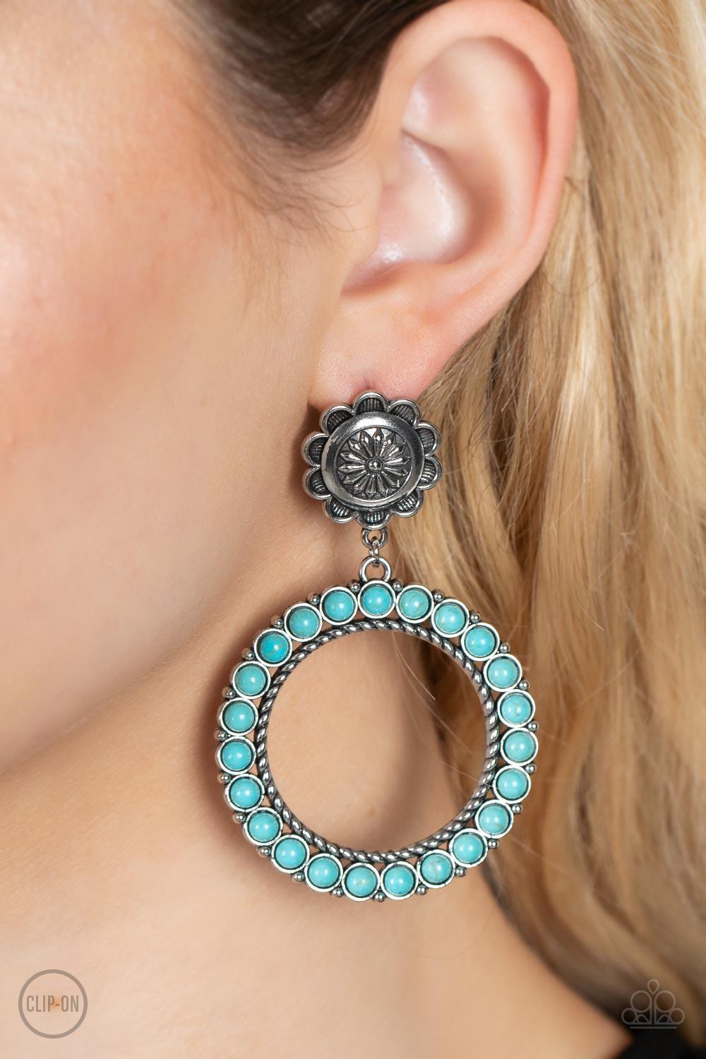 Playfully Prairie Turquoise Blue Stone Clip-On Earrings - Paparazzi Accessories-on model - CarasShop.com - $5 Jewelry by Cara Jewels