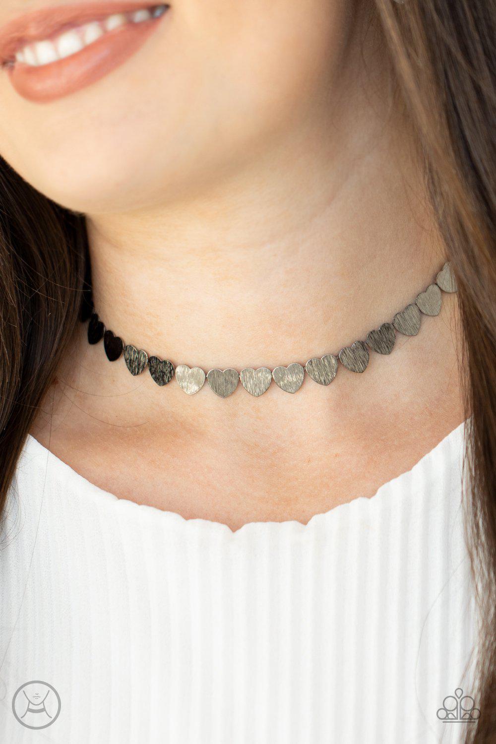 Playing HEART To Get Gunmetal Black Heart Choker Necklace - Paparazzi Accessories - model -CarasShop.com - $5 Jewelry by Cara Jewels