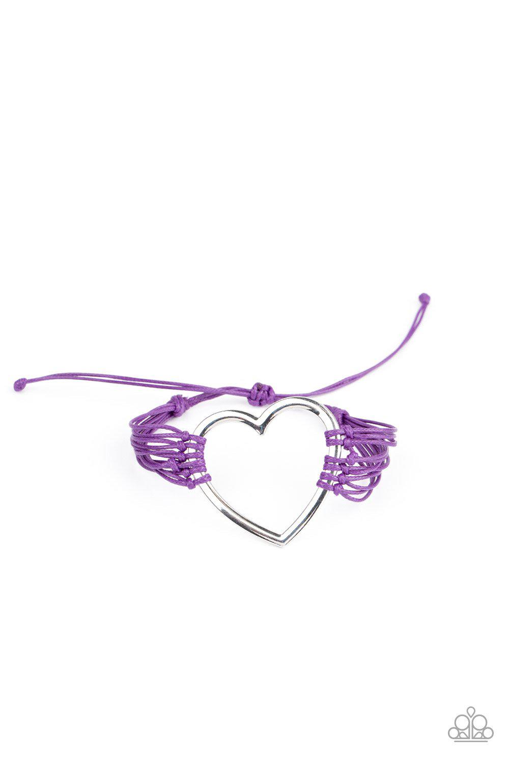 Playing With My HEARTSTRINGS Purple and Silver Heart Charm Urban Knot Bracelet - Paparazzi Accessories - lightbox -CarasShop.com - $5 Jewelry by Cara Jewels