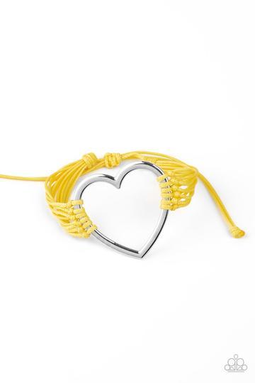 Playing With My HEARTSTRINGS Yellow and Silver Heart Charm Urban Knot Bracelet - Paparazzi Accessories - lightbox -CarasShop.com - $5 Jewelry by Cara Jewels