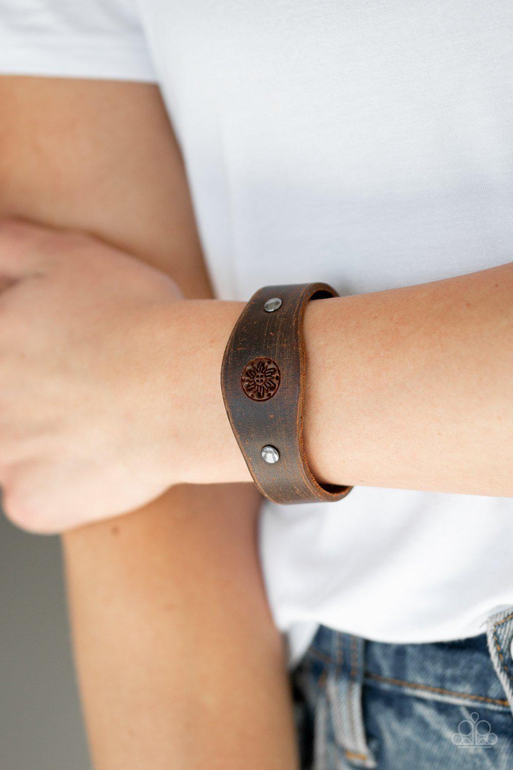 Pleasantly Pioneer Brown Leather Urban Bracelet - Paparazzi Accessories-CarasShop.com - $5 Jewelry by Cara Jewels
