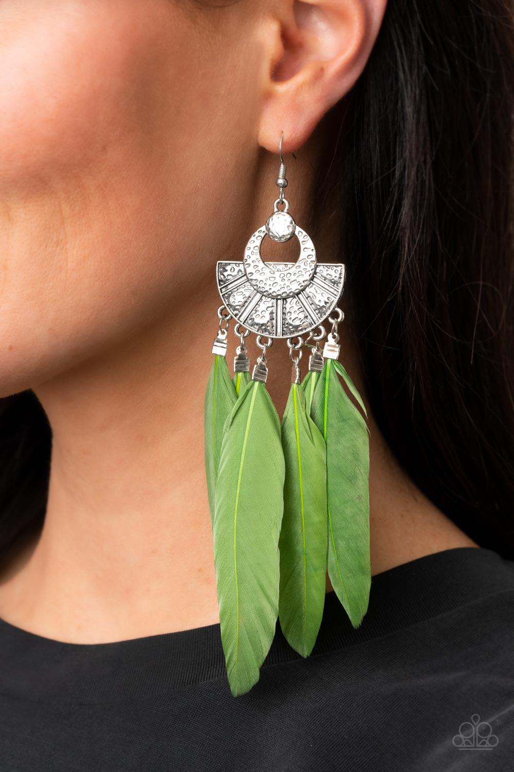Plume Paradise Green Feather Earrings - Paparazzi Accessories- lightbox - CarasShop.com - $5 Jewelry by Cara Jewels