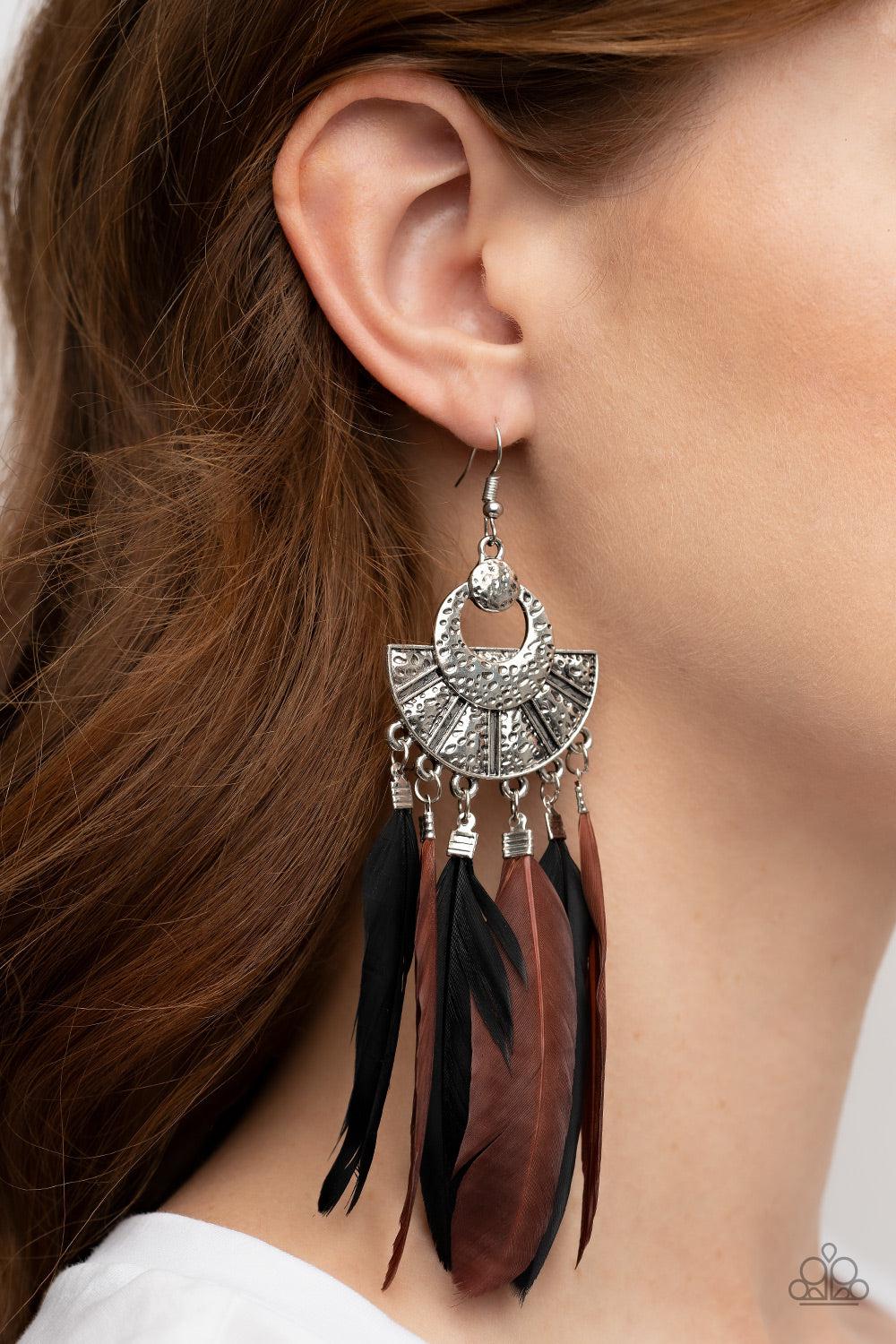 Plume Paradise Multi Brown Feather Earrings - Paparazzi Accessories-on model - CarasShop.com - $5 Jewelry by Cara Jewels
