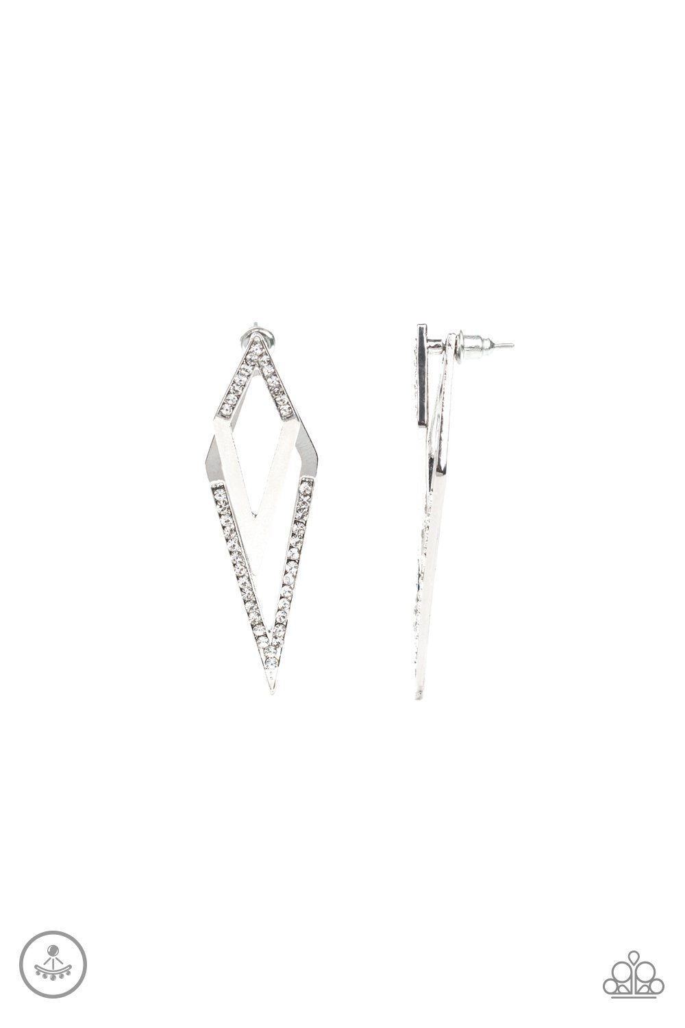 Point-BANK Silver and White Rhinestone double-sided Post Earrings - Paparazzi Accessories-CarasShop.com - $5 Jewelry by Cara Jewels