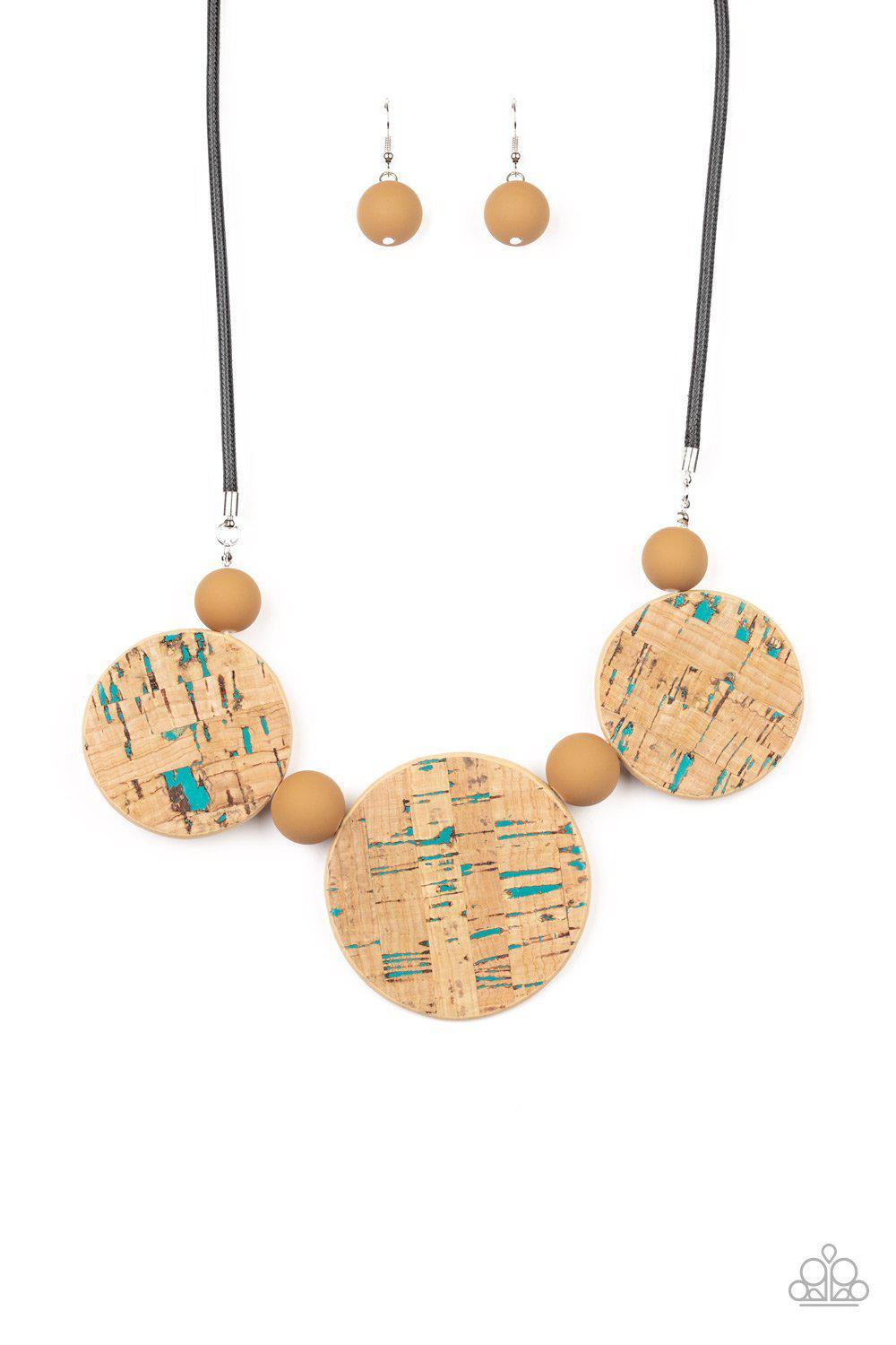 Pop The Cork Blue and Cork Necklace - Paparazzi Accessories - lightbox -CarasShop.com - $5 Jewelry by Cara Jewels