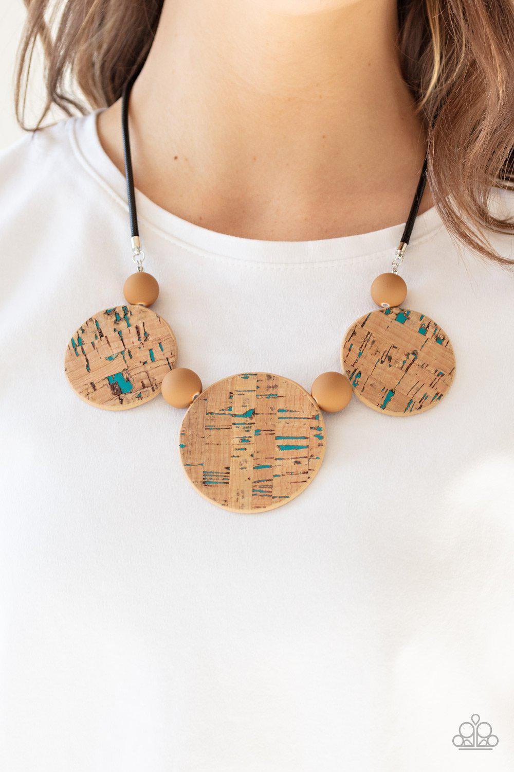 Pop The Cork Blue and Cork Necklace - Paparazzi Accessories - model -CarasShop.com - $5 Jewelry by Cara Jewels