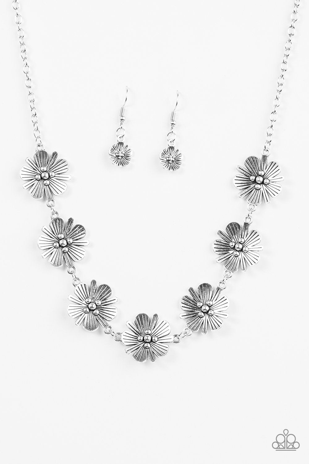 Poppin&#39; Poppies Silver Flower Necklace - Paparazzi Accessories-CarasShop.com - $5 Jewelry by Cara Jewels