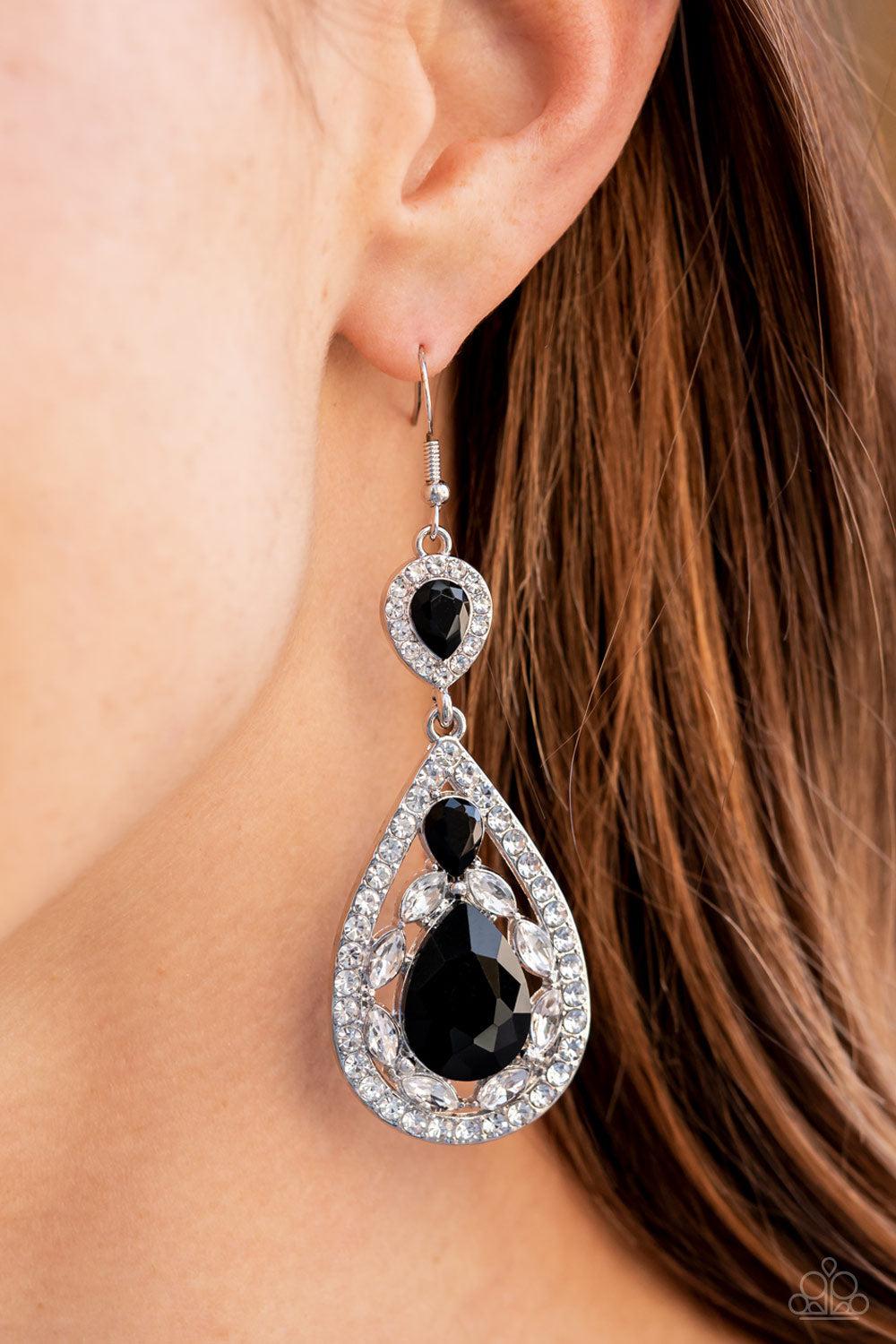 Posh Pageantry Black and White Rhinestone Earrings - Paparazzi Accessories- on model - CarasShop.com - $5 Jewelry by Cara Jewels