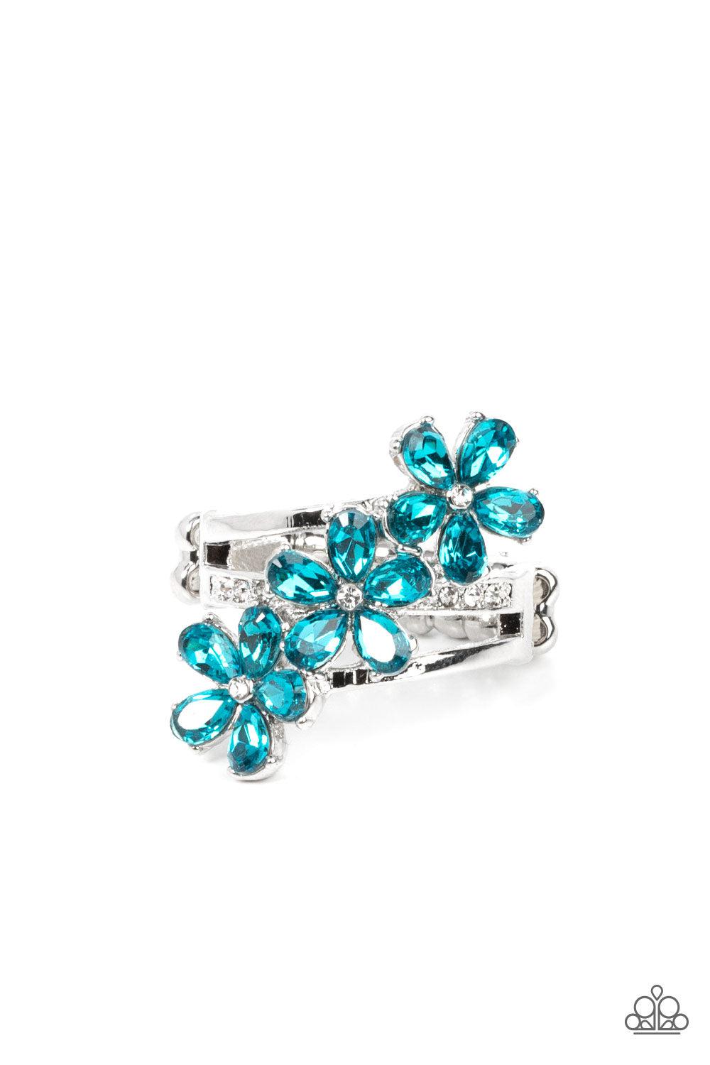 Posh Petals Blue Rhinestone Flower Ring - Paparazzi Accessories- lightbox - CarasShop.com - $5 Jewelry by Cara Jewels