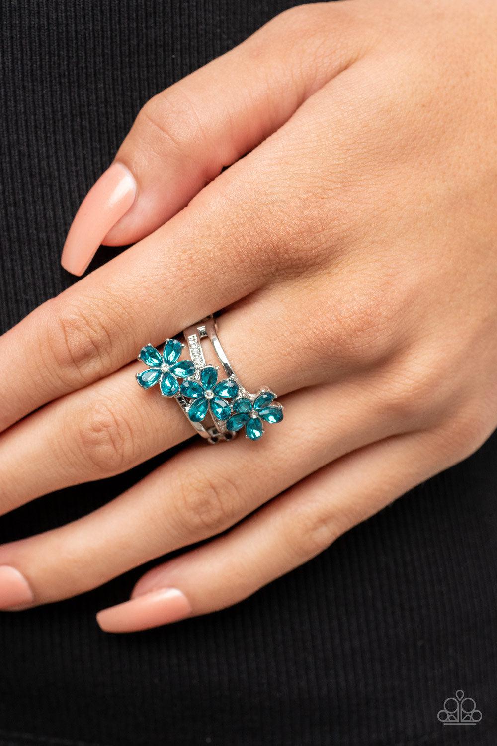 Posh Petals Blue Rhinestone Flower Ring - Paparazzi Accessories-on model - CarasShop.com - $5 Jewelry by Cara Jewels