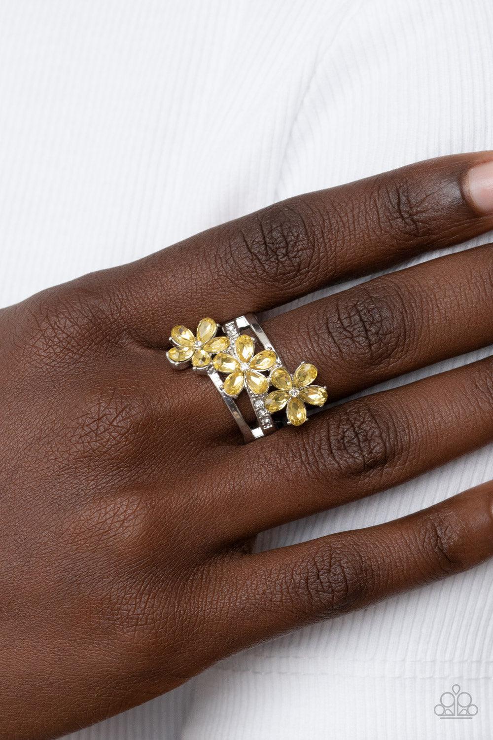 Posh Petals Yellow Flower Ring - Paparazzi Accessories-on model - CarasShop.com - $5 Jewelry by Cara Jewels
