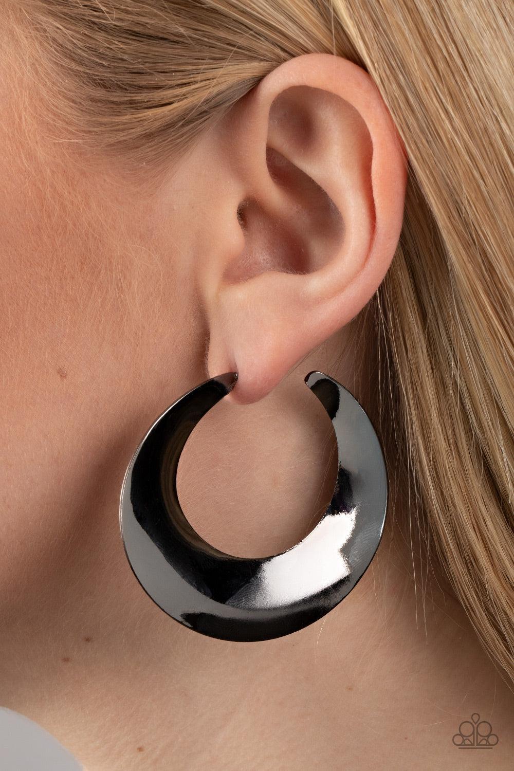 Power Curves Gunmetal Black Hoop Earrings - Paparazzi Accessories-on model - CarasShop.com - $5 Jewelry by Cara Jewels