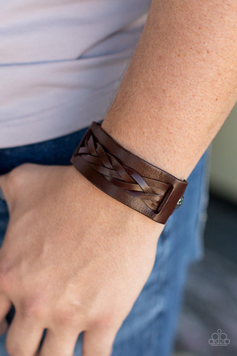 Practical Pioneer Men's Brown Leather Urban Wrap Snap Bracelet - Paparazzi Accessories 2021 Convention Exclusive- lightbox - CarasShop.com - $5 Jewelry by Cara Jewels