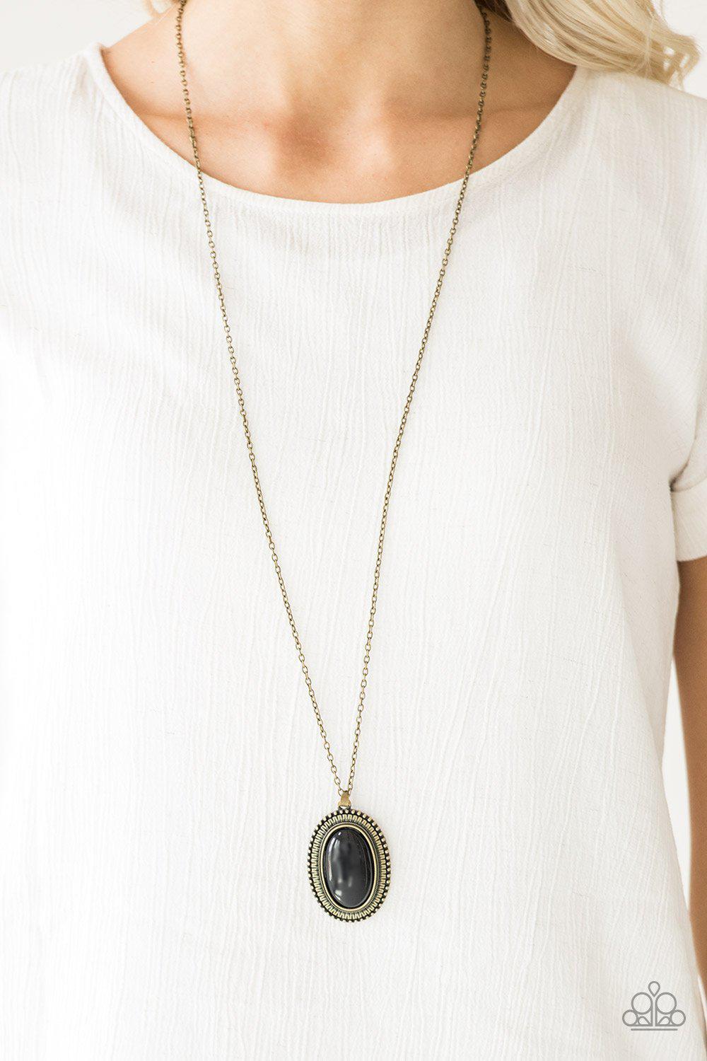 Practical Prairie Brass and Black Necklace - Paparazzi Accessories- model - CarasShop.com - $5 Jewelry by Cara Jewels