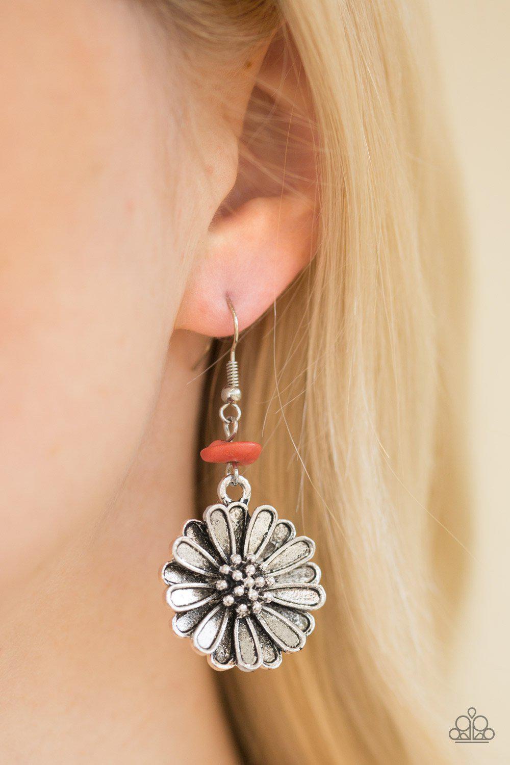 Prairie Garden Orange and Silver Flower Earrings - Paparazzi Accessories-CarasShop.com - $5 Jewelry by Cara Jewels