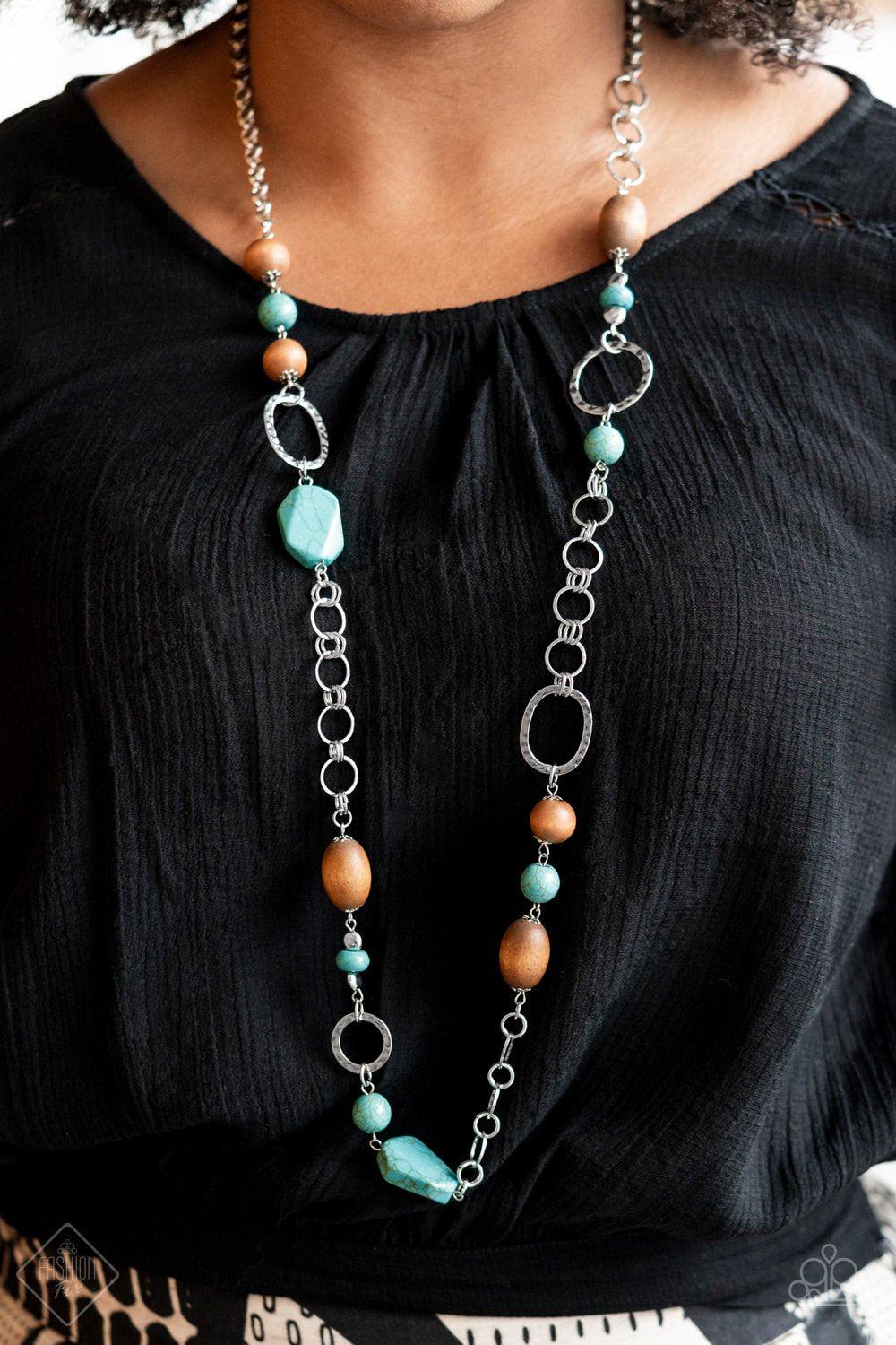 Prairie Reserve Turquoise Blue Stone, Wood Bead and Silver Necklace - Paparazzi Accessories- model - CarasShop.com - $5 Jewelry by Cara Jewels