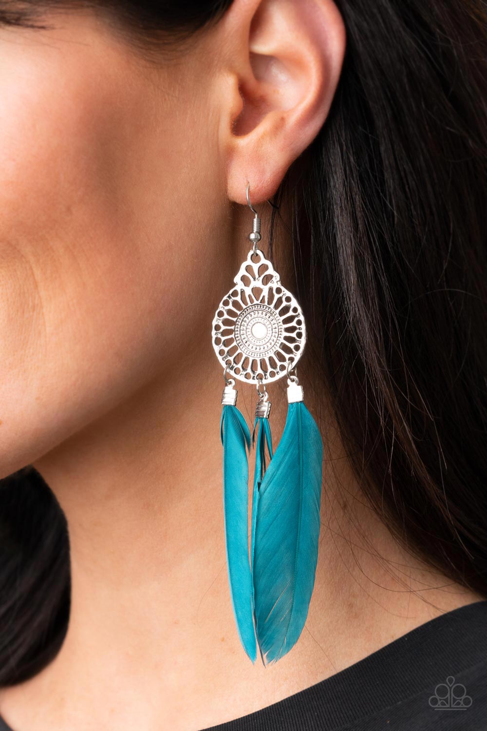 Pretty in PLUMES Blue Feather Earrings - Paparazzi Accessories-on model - CarasShop.com - $5 Jewelry by Cara Jewels