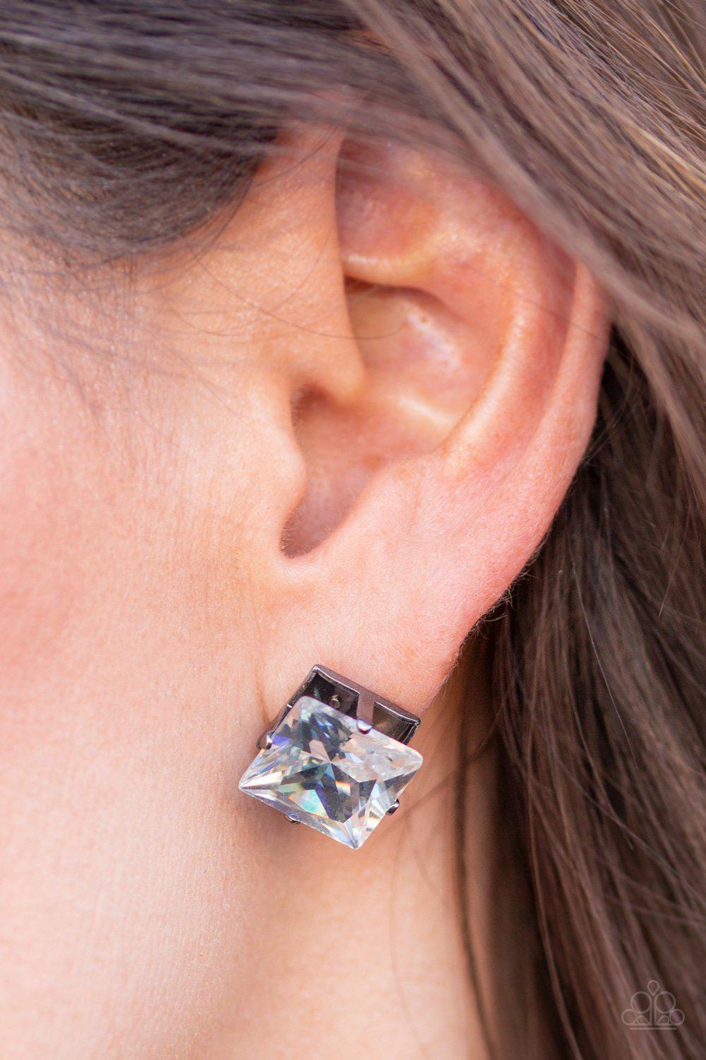 Prima Donna Drama Gunmetal Black and White Rhinestone Post Earrings - Paparazzi Accessories-CarasShop.com - $5 Jewelry by Cara Jewels