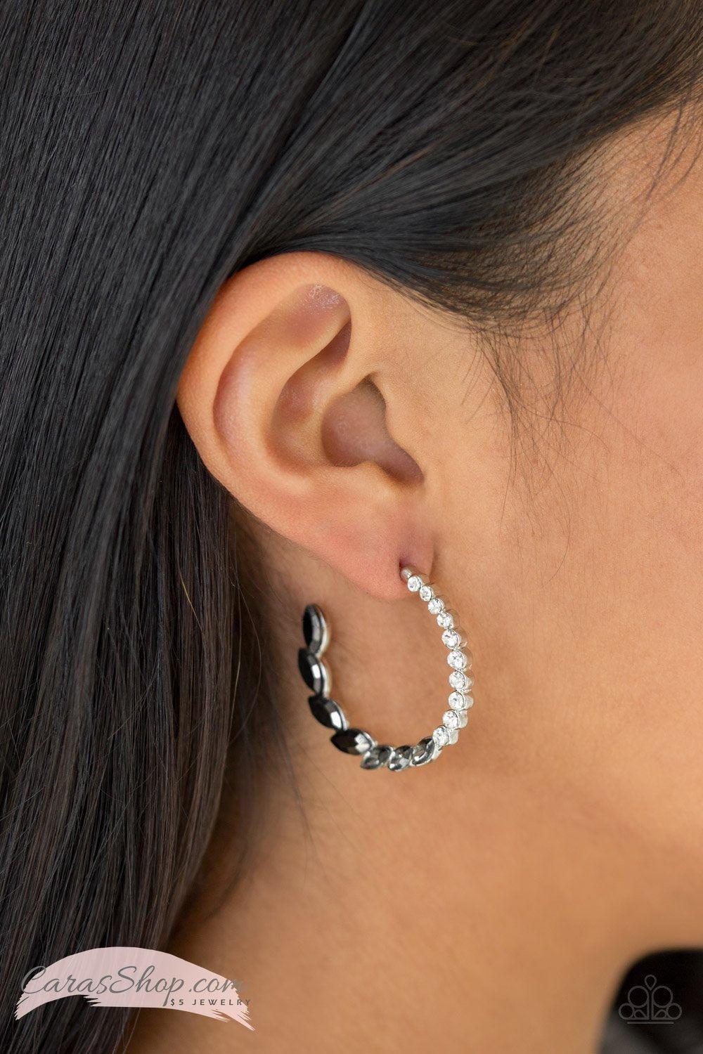 Prime Time Princess - Black Rhinestone Hoop Earrings - Paparazzi Accessories-CarasShop.com - $5 Jewelry by Cara Jewels