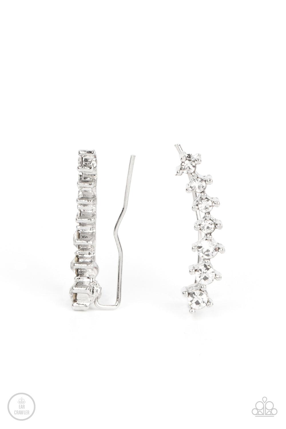 PRISMATIC and Proper White Rhinestone Ear Crawler Earrings - Paparazzi Accessories- lightbox - CarasShop.com - $5 Jewelry by Cara Jewels