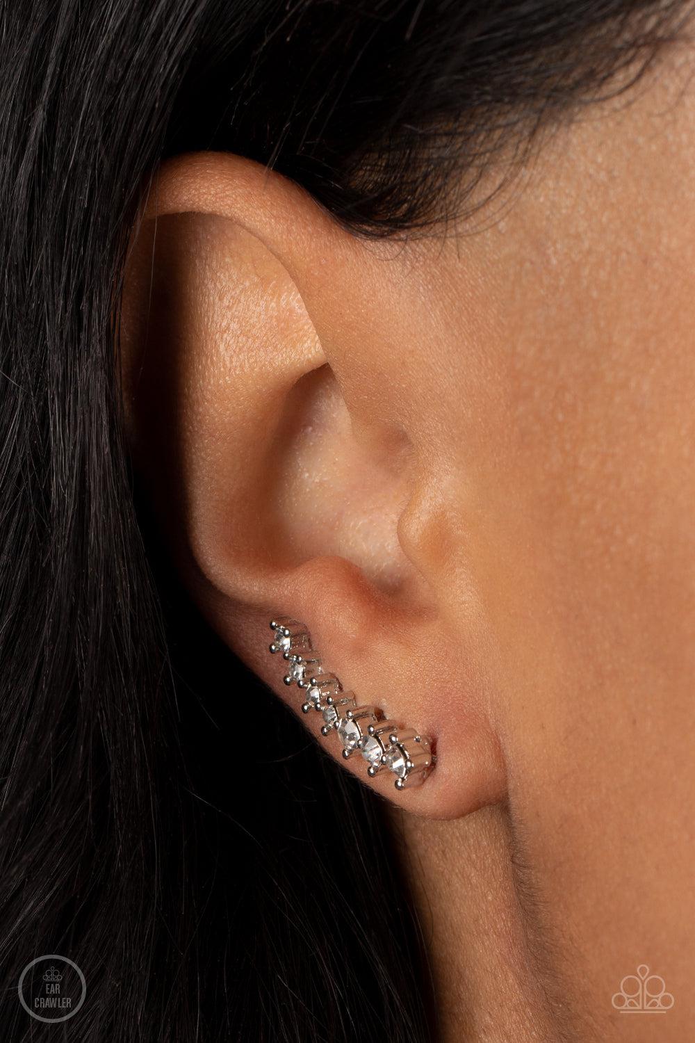 PRISMATIC and Proper White Rhinestone Ear Crawler Earrings - Paparazzi Accessories- lightbox - CarasShop.com - $5 Jewelry by Cara Jewels