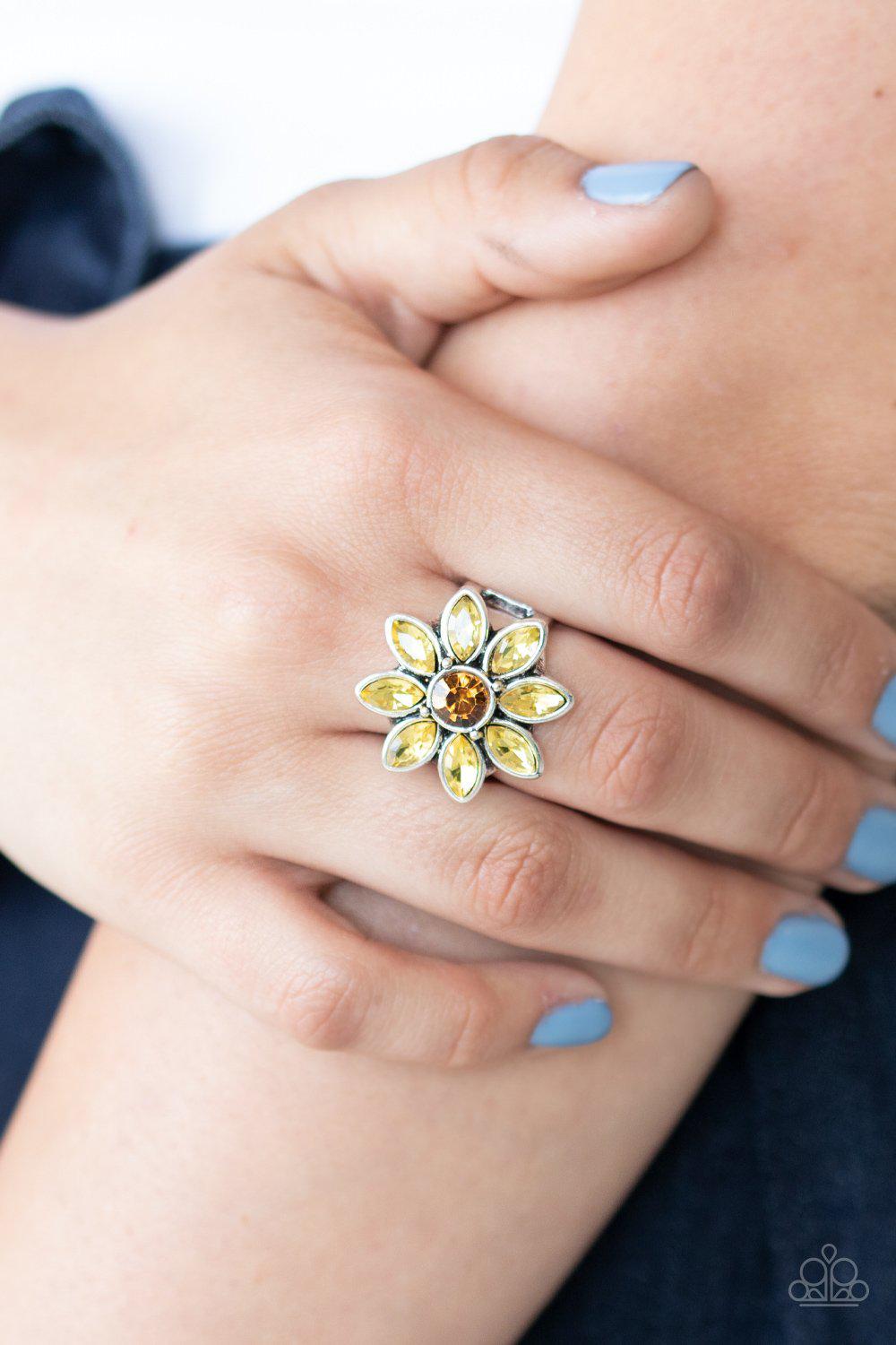 Prismatic Petals Yellow Rhinestone Flower Ring - Paparazzi Accessories-CarasShop.com - $5 Jewelry by Cara Jewels