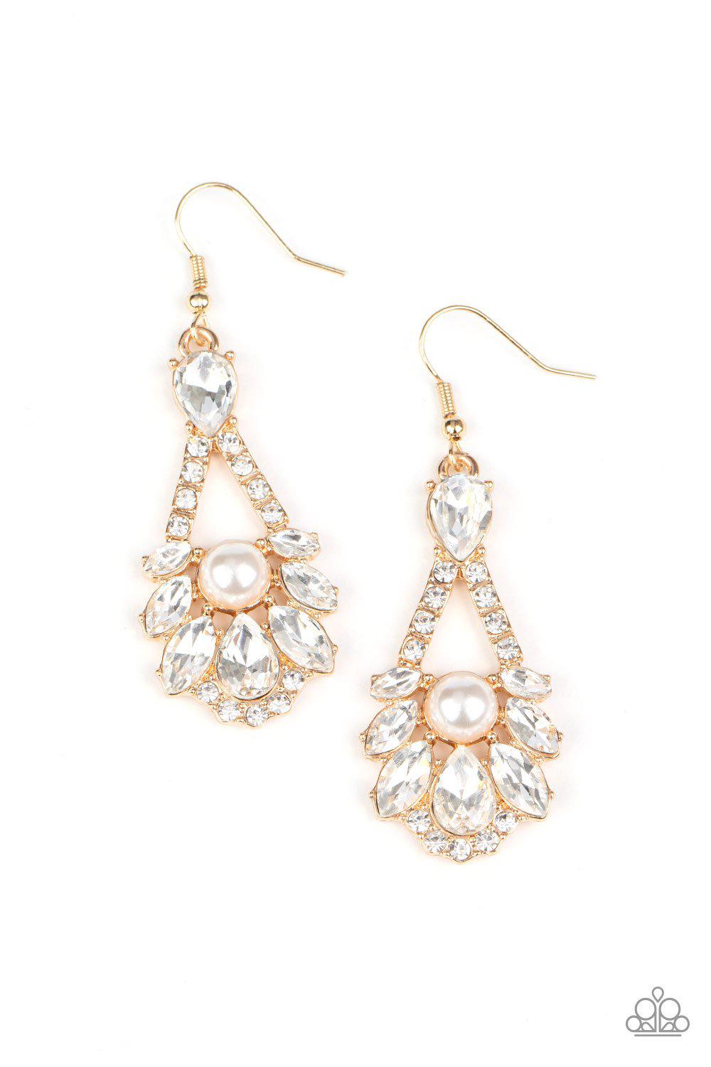 Prismatic Presence Gold and White Rhinestone and Pearl Earrings - Paparazzi Accessories Life of the Party Exclusive February 2021 - lightbox -CarasShop.com - $5 Jewelry by Cara Jewels