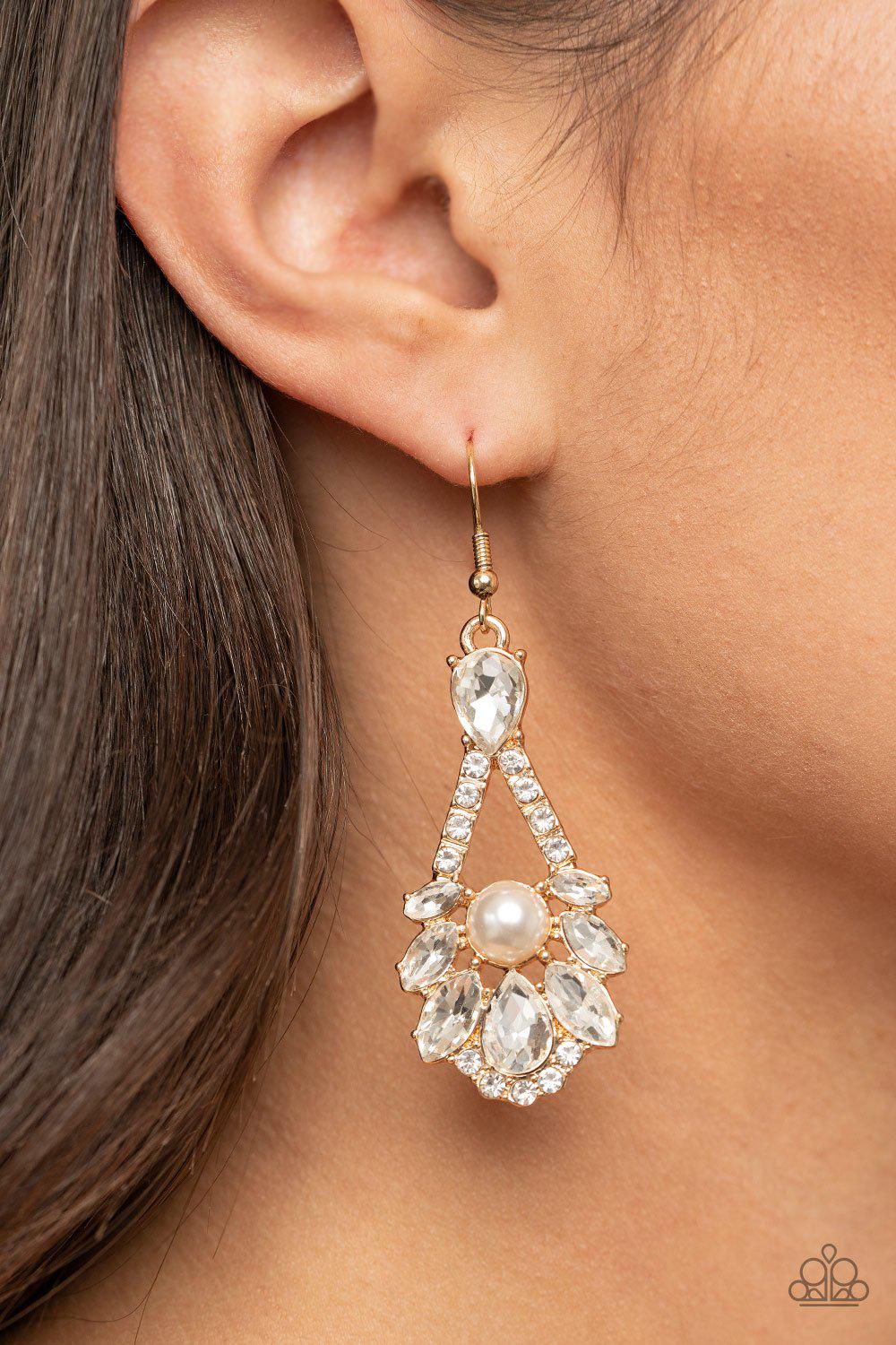 Prismatic Presence Gold and White Rhinestone and Pearl Earrings - Paparazzi Accessories Life of the Party Exclusive February 2021 - model -CarasShop.com - $5 Jewelry by Cara Jewels