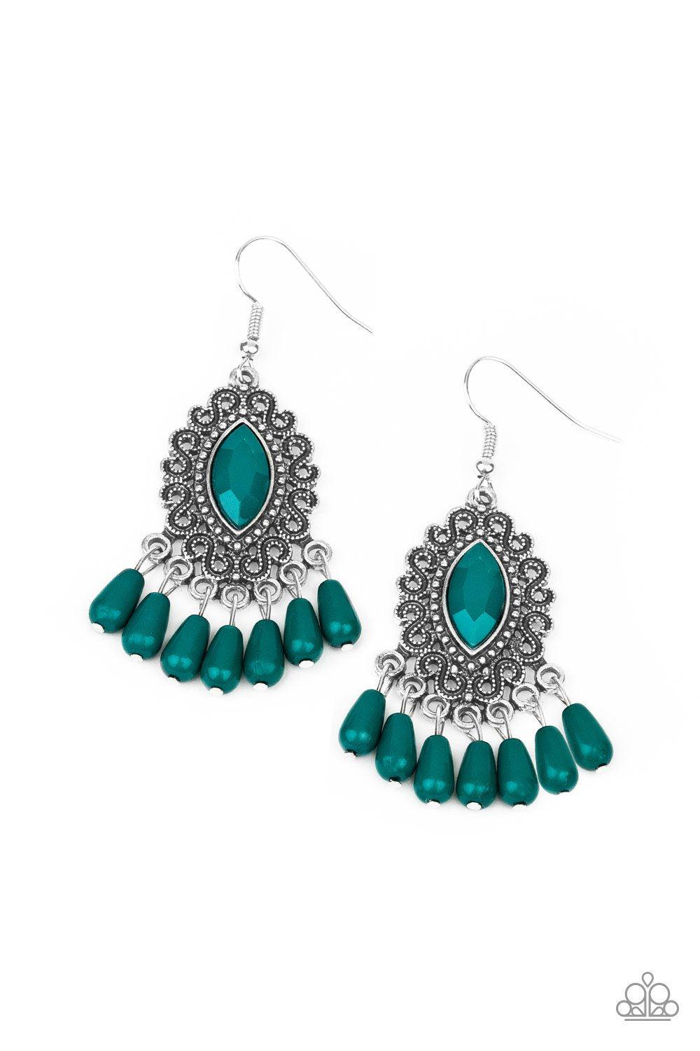 Private Villa Green and Silver Earrings - Paparazzi Accessories-CarasShop.com - $5 Jewelry by Cara Jewels