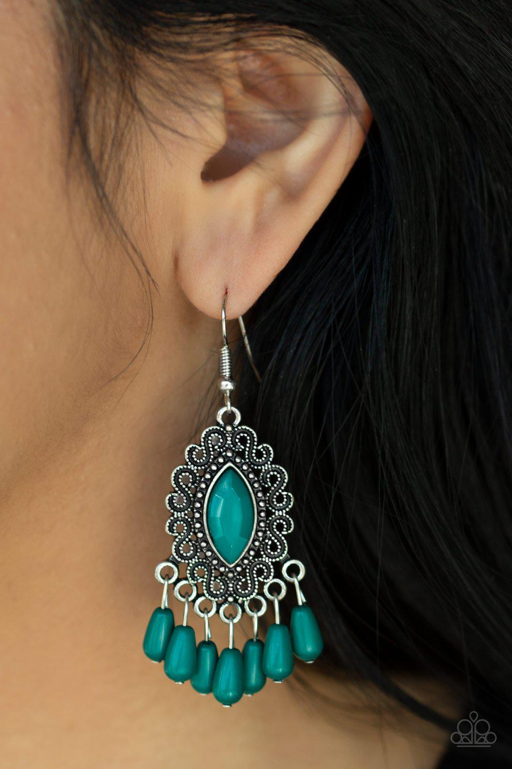 Private Villa Green and Silver Earrings - Paparazzi Accessories-CarasShop.com - $5 Jewelry by Cara Jewels