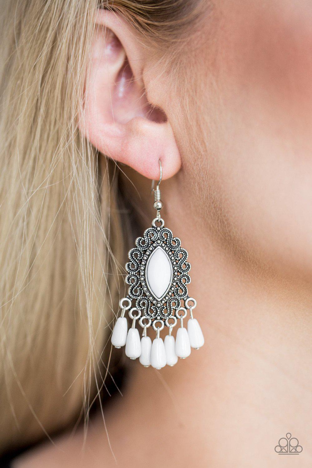 Private Villa White Earrings - Paparazzi Accessories - model -CarasShop.com - $5 Jewelry by Cara Jewels