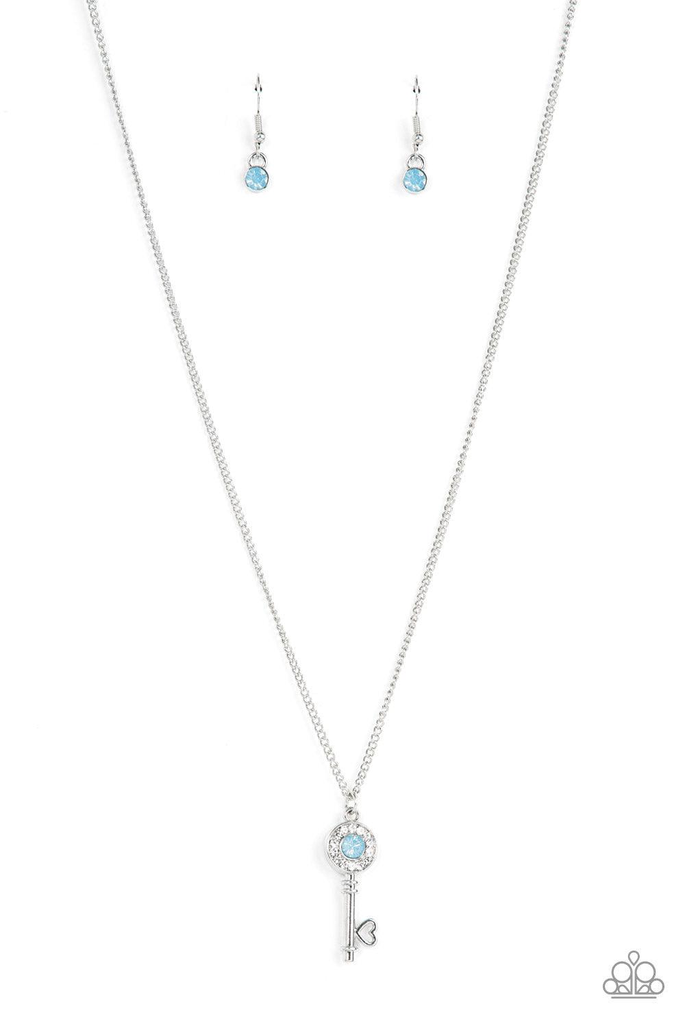 Prized Key Player Opal Blue Rhinestone Key Necklace - Paparazzi Accessories- lightbox - CarasShop.com - $5 Jewelry by Cara Jewels