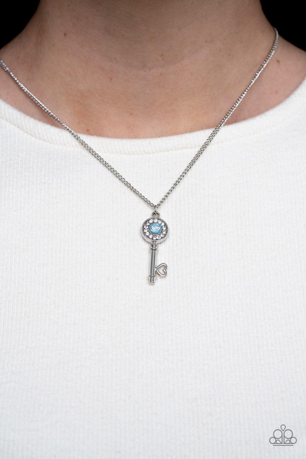 Prized Key Player Opal Blue Rhinestone Key Necklace - Paparazzi Accessories- lightbox - CarasShop.com - $5 Jewelry by Cara Jewels