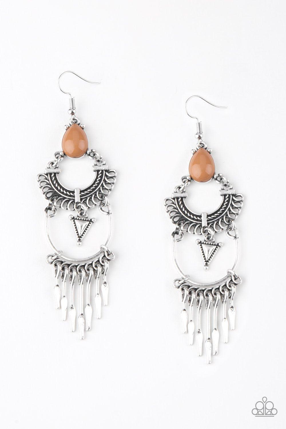 Progressively Pioneer Silver and Brown Earrings - Paparazzi Accessories-CarasShop.com - $5 Jewelry by Cara Jewels
