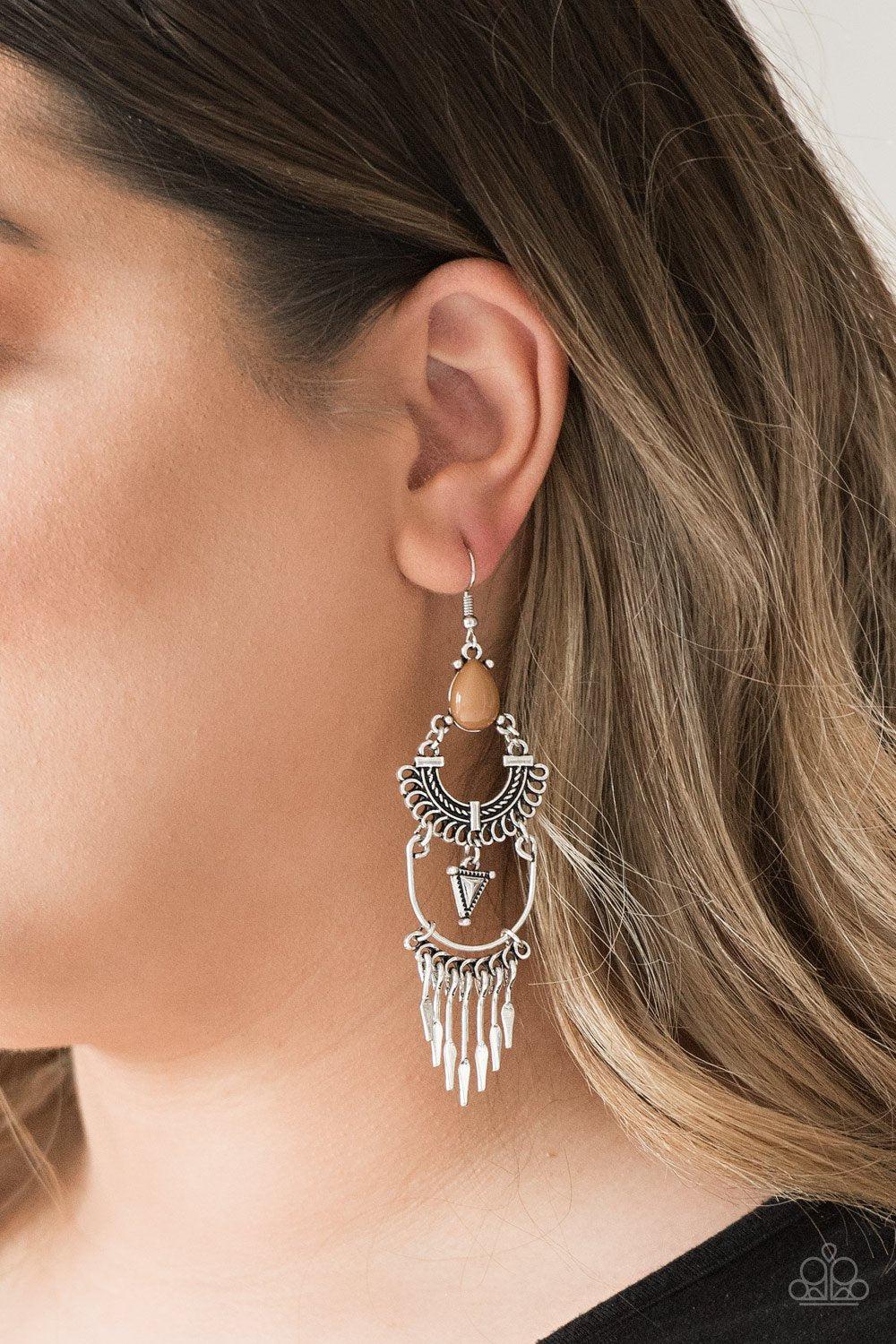 Progressively Pioneer Silver and Brown Earrings - Paparazzi Accessories-CarasShop.com - $5 Jewelry by Cara Jewels