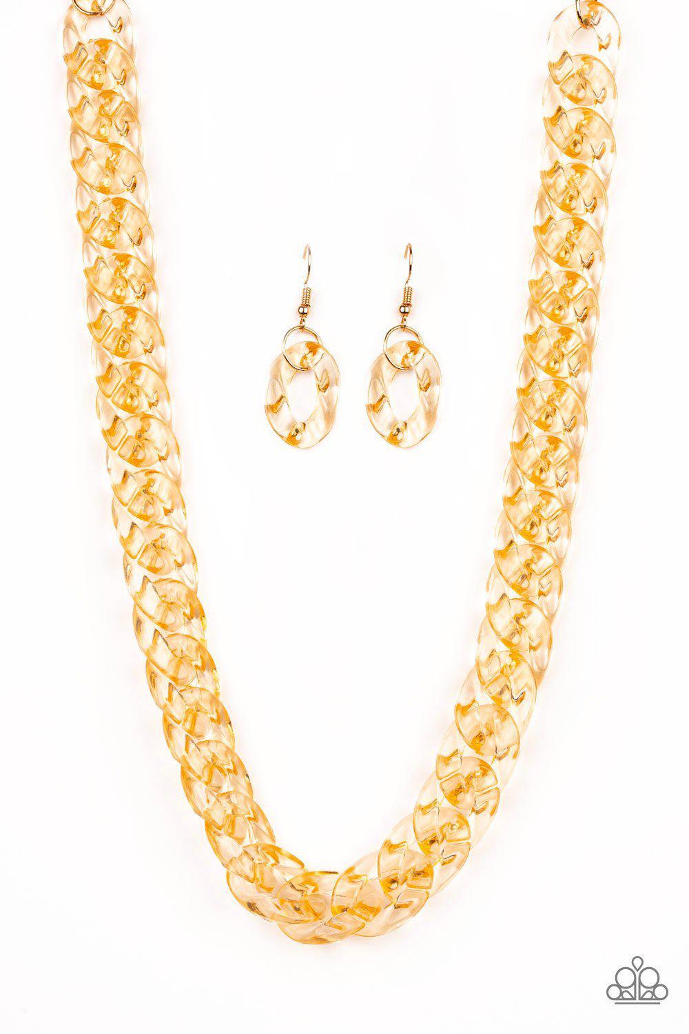 Put it on Ice Gold Acrylic Necklace and matching Earrings - Paparazzi Accessories-CarasShop.com - $5 Jewelry by Cara Jewels