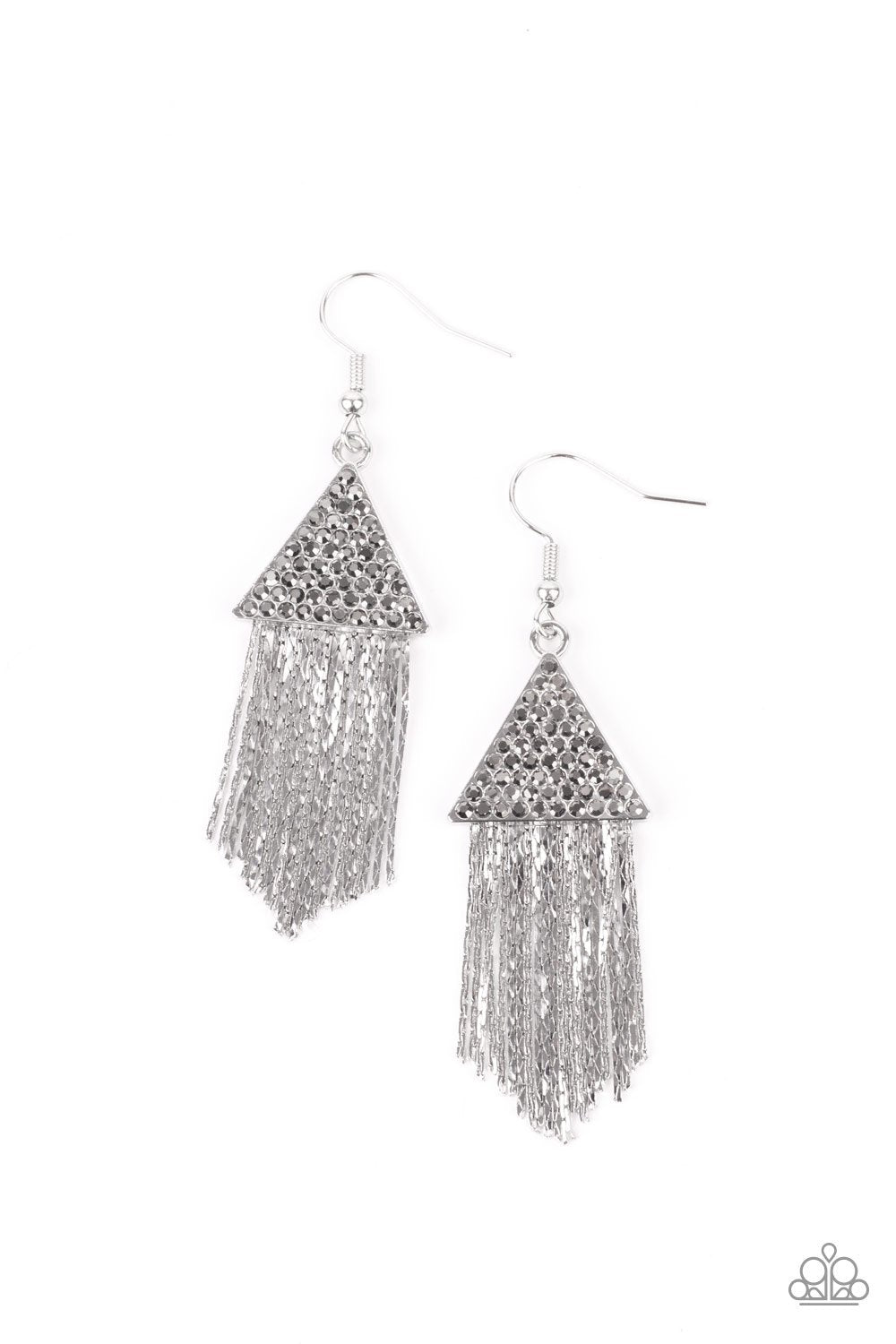 Pyramid SHEEN Silver Hematite and Chain Fringe Earrings - Paparazzi Accessories 2021 Convention Exclusive- lightbox - CarasShop.com - $5 Jewelry by Cara Jewels