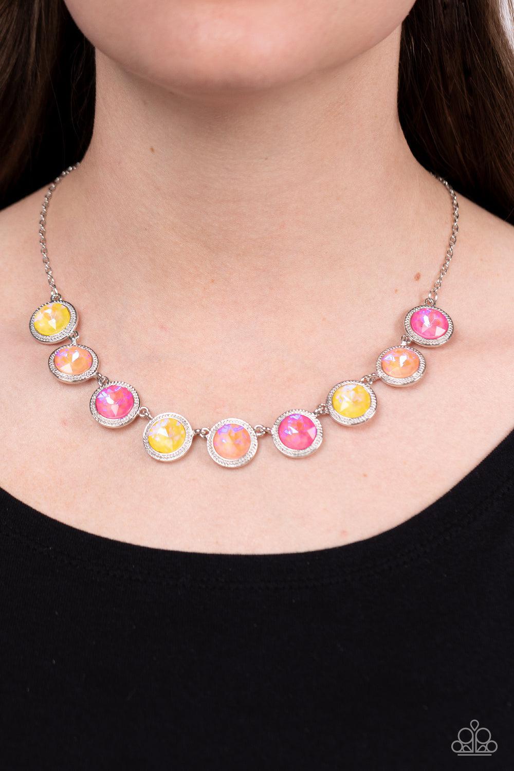 Queen of the Cosmos Iridescent Yellow, Pink &amp; Coral Gem Necklace - Paparazzi Accessories-on model - CarasShop.com - $5 Jewelry by Cara Jewels