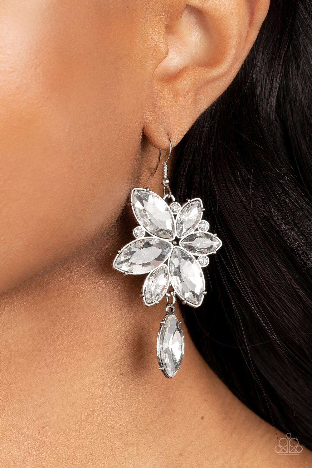 Radiant Retrospection White Rhinestone Earrings - Paparazzi Accessories- lightbox - CarasShop.com - $5 Jewelry by Cara Jewels
