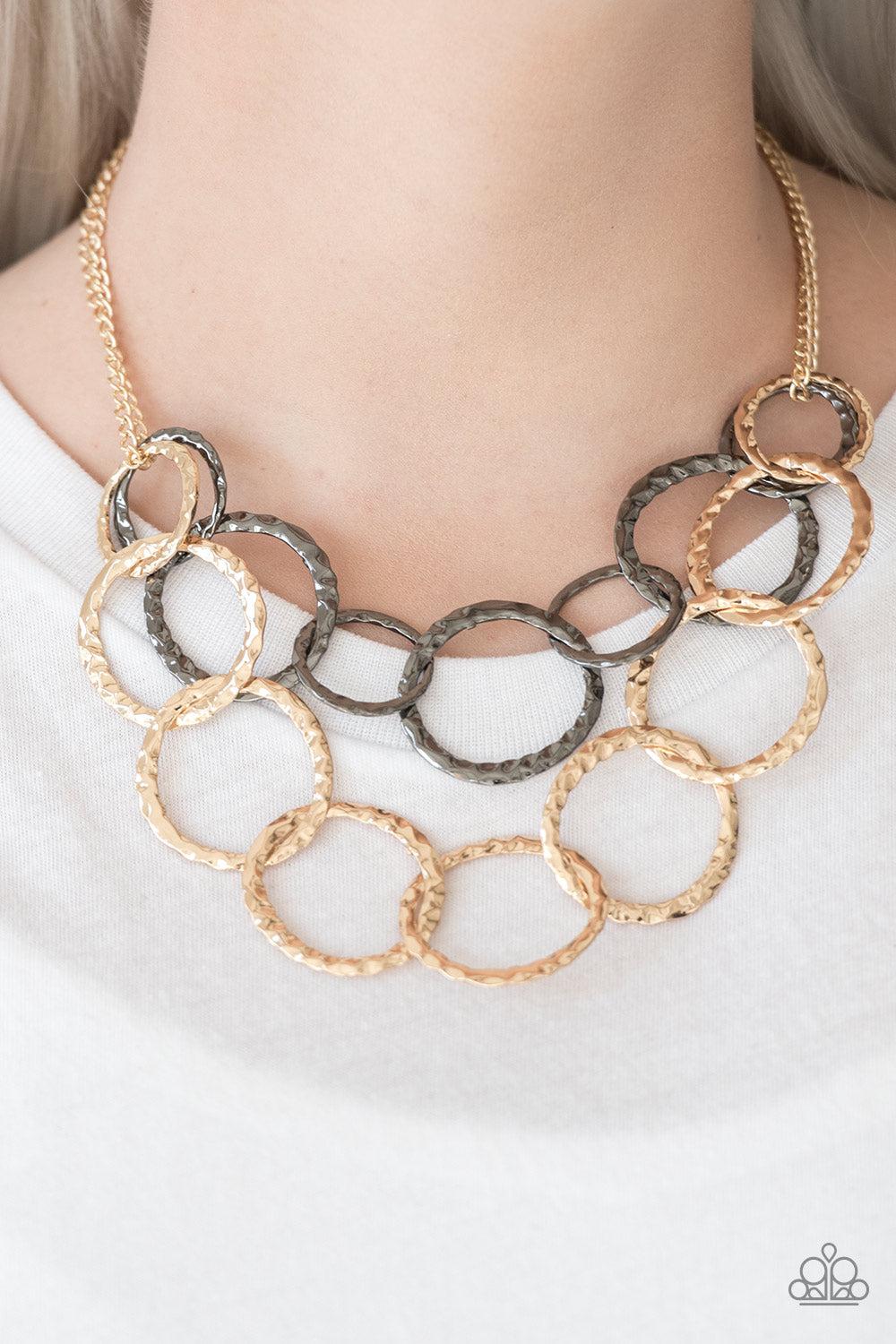 Radiant Ringmaster Multi Gold &amp; Gunmetal Necklace - Paparazzi Accessories-on model - CarasShop.com - $5 Jewelry by Cara Jewels